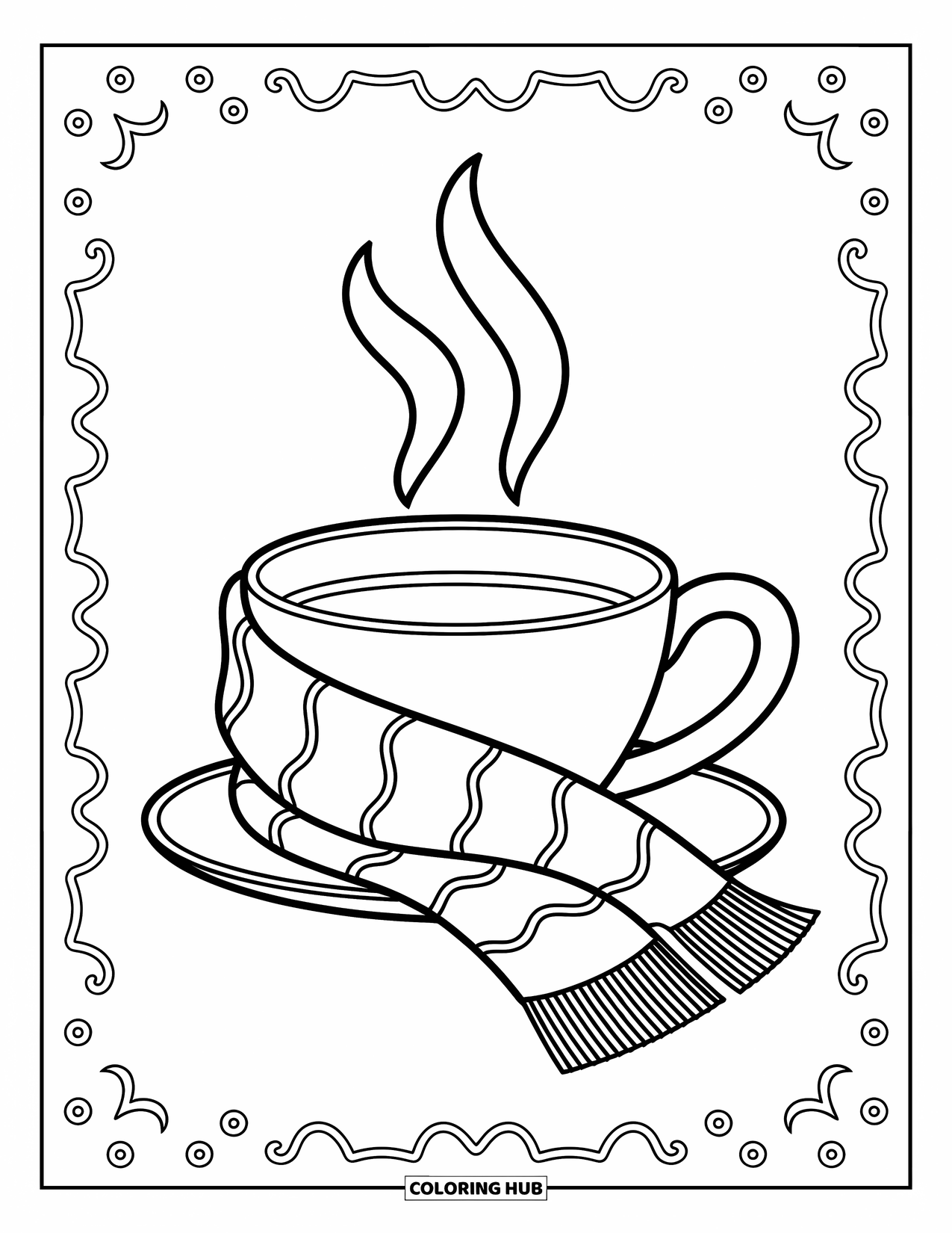 Desenho de outono para colorir para crianças: Um cachecol quente enrolado em uma xícara com vapor subindo suavemente
