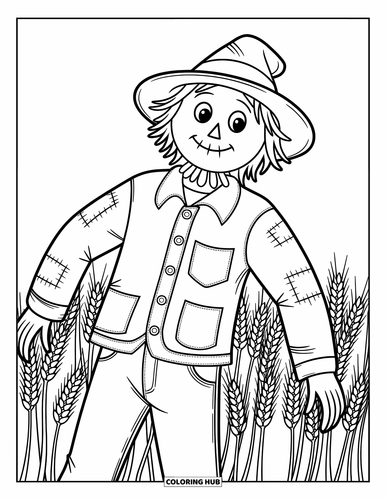 Desenho de outono para colorir para crianças: Um espantalho caprichoso se inclina ao vento contra campos de trigo altos e fluidos