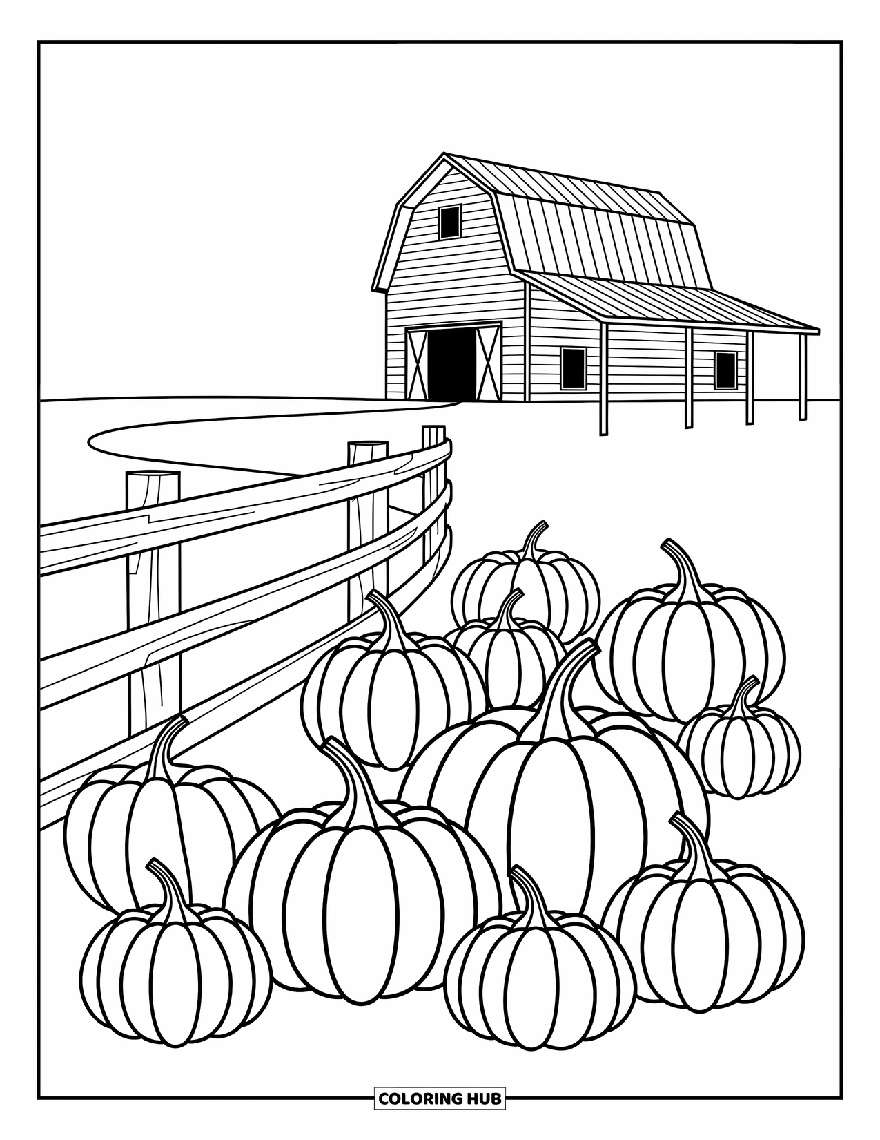 Desenho de outono para colorir para crianças: Uma cerca sinuosa leva a um celeiro e a um campo de abóboras cheio de formas divertidas