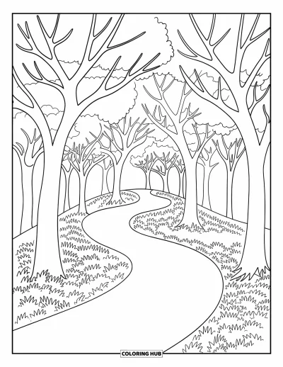 Autumn Coloring Page for Kids: A winding path through autumn trees with graceful branches and swirling leaves