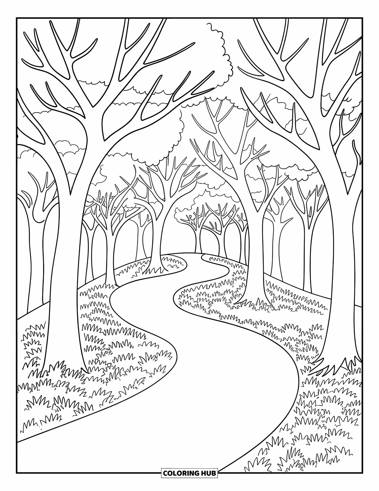Desenho de outono para colorir para crianças: Um caminho sinuoso através de árvores de outono com galhos graciosos e folhas rodopiantes