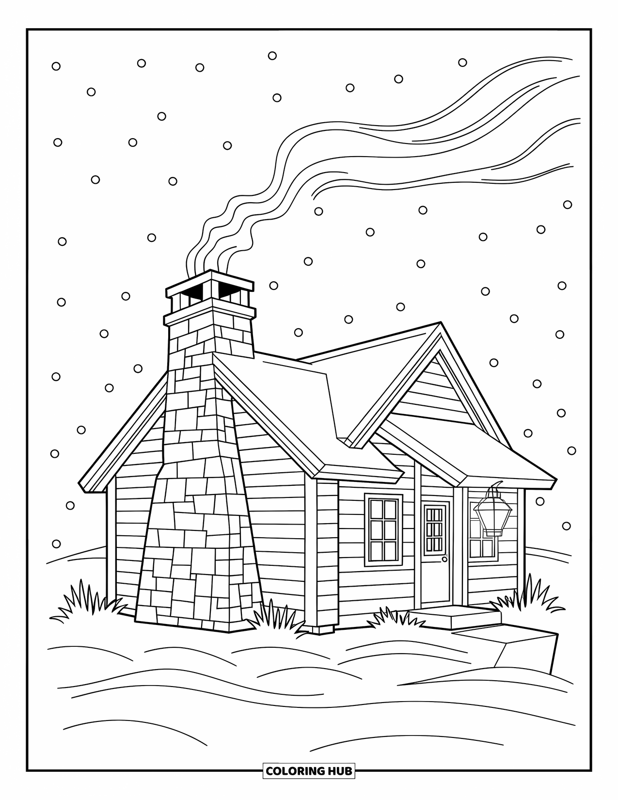 Desenho de outono para colorir para crianças: Uma cabana de madeira com fumaça saindo da chaminé e uma lanterna na porta