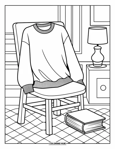 Autumn Coloring Page for Kids: A wooden chair with a soft sweater and an open book beside it