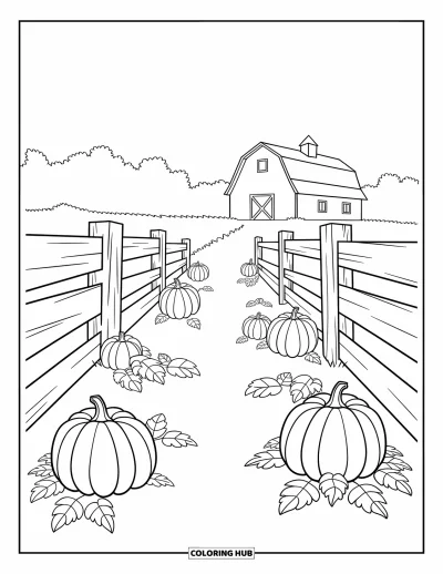 Autumn Coloring Page for Kids: A wooden fence leads to a pumpkin patch with a barn in the distance