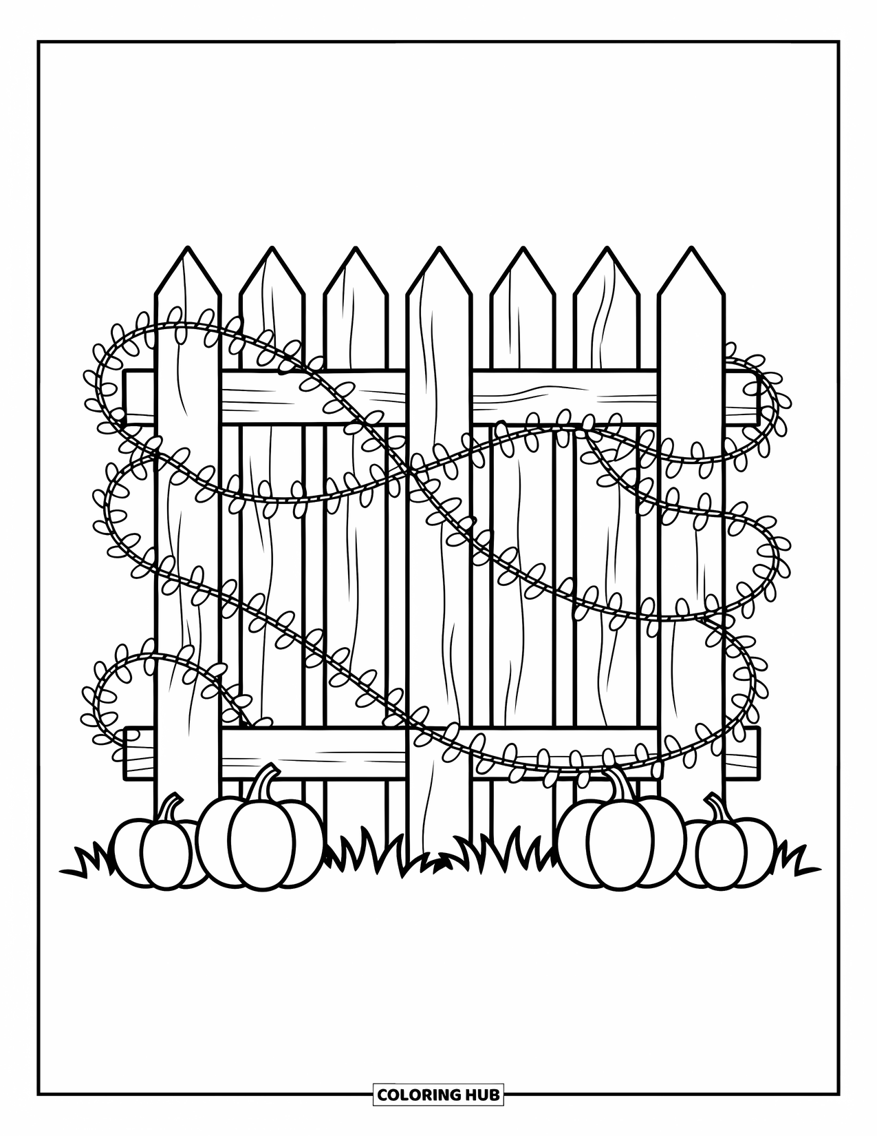 Desenho de outono para colorir para crianças: Uma cerca de madeira cercada por cipós, abóboras e folhas esvoaçantes