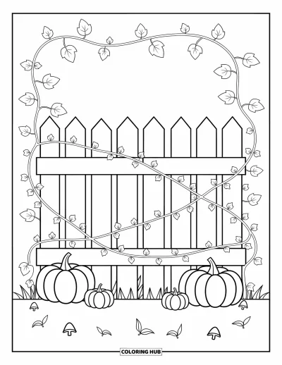Autumn Coloring Page for Kids: A wooden fence with curling vines and small pumpkins at its base