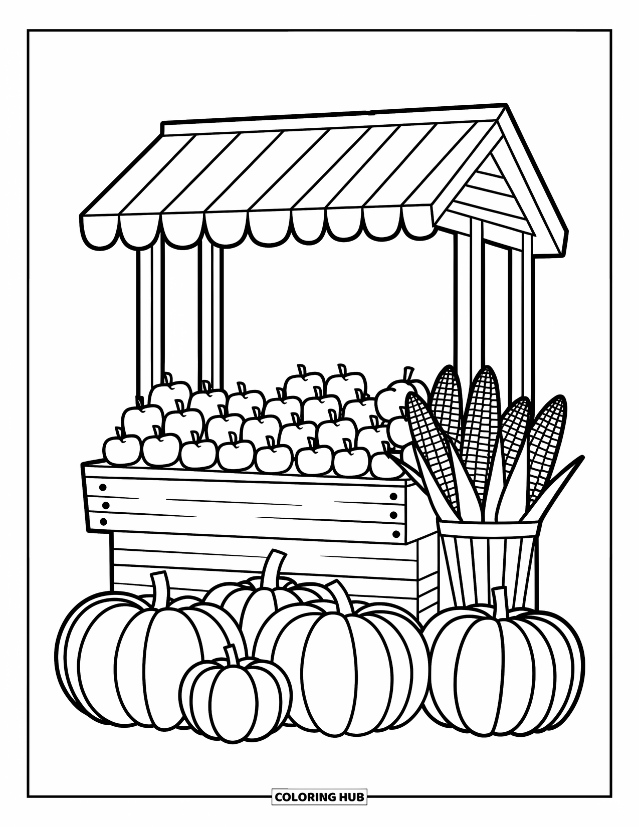 Desenho de outono para colorir para crianças: Uma barraca de mercado de madeira cheia de maçãs, abóboras e milho