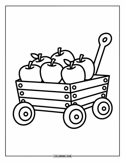 Autumn Coloring Page for Kids: A wooden wagon filled with apples sitting in an orchard