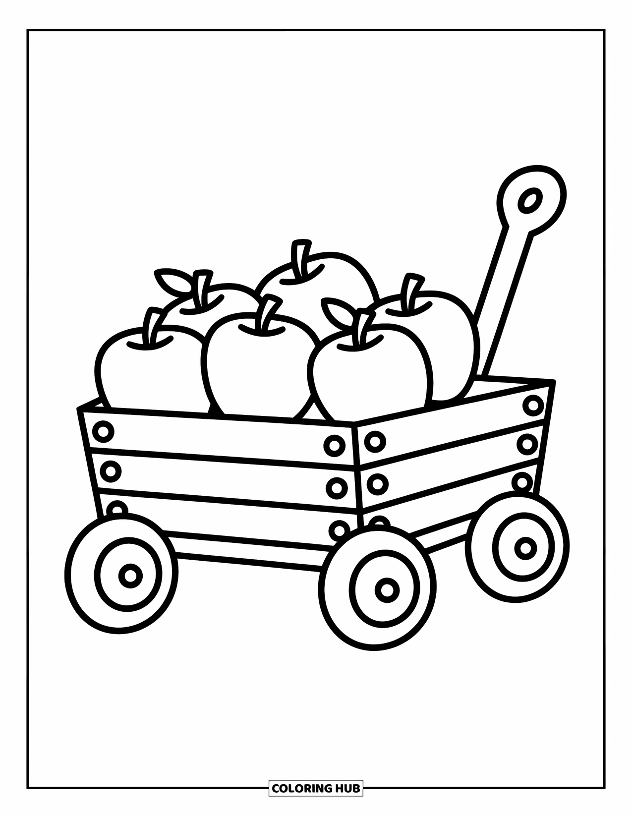 Desenho de outono para colorir para crianças: Uma carroça de madeira cheia de maçãs sentada em um pomar