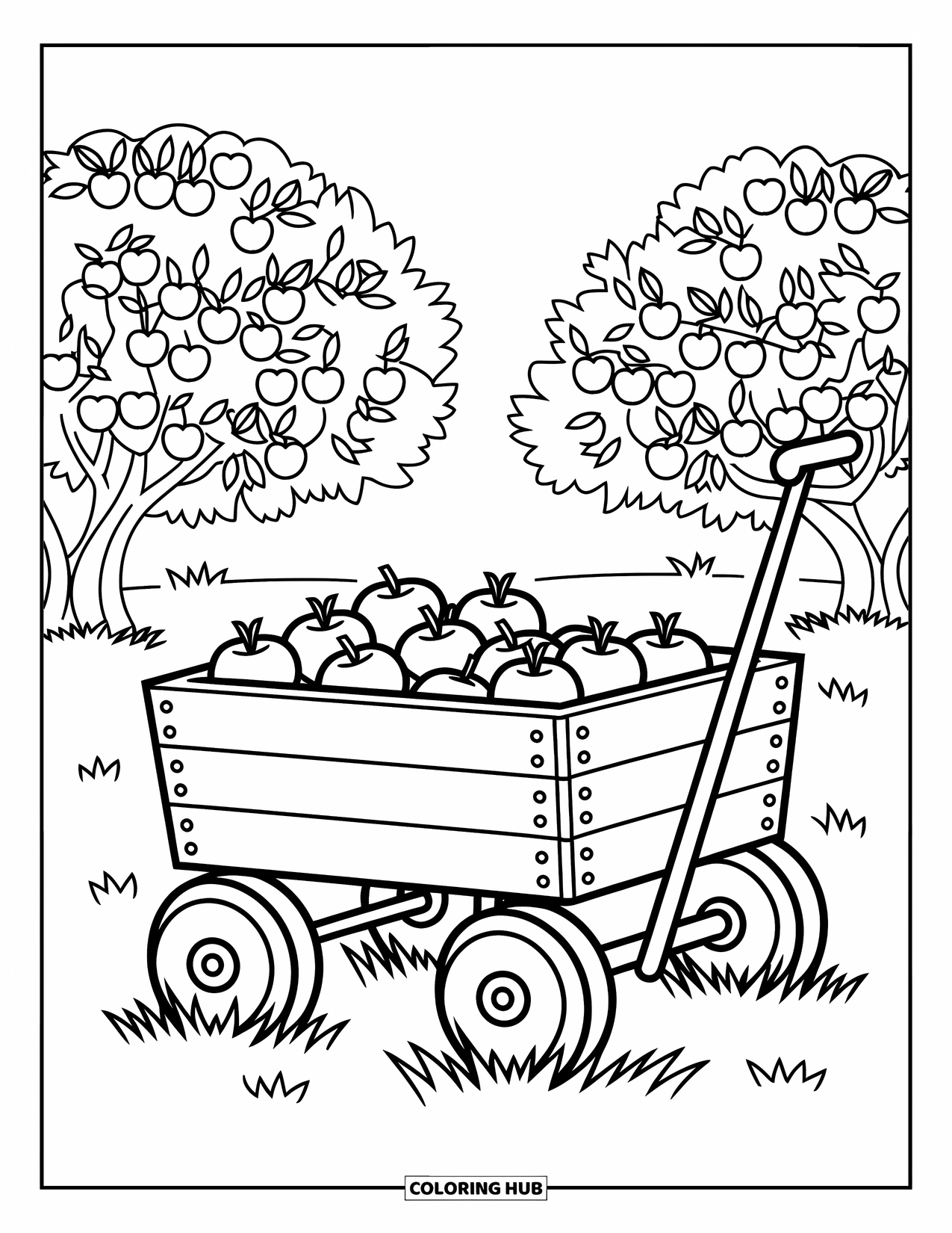 Desenho de outono para colorir para crianças: Uma carroça de madeira carregada de maçãs sob céus ensolarados