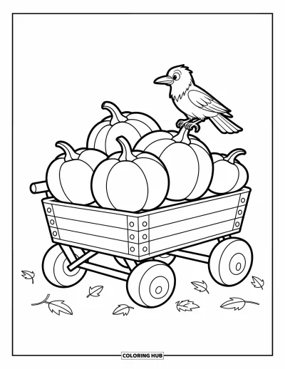 Autumn Coloring Page for Kids: A wooden wagon with pumpkins and a crow sitting on the handle