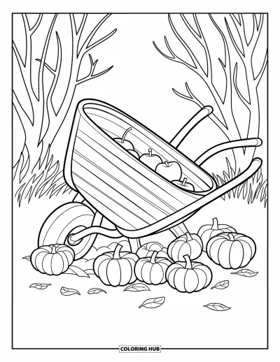 Autumn Coloring Page for Kids: A wooden wheelbarrow on its side spills apples and pumpkins with playful autumn details
