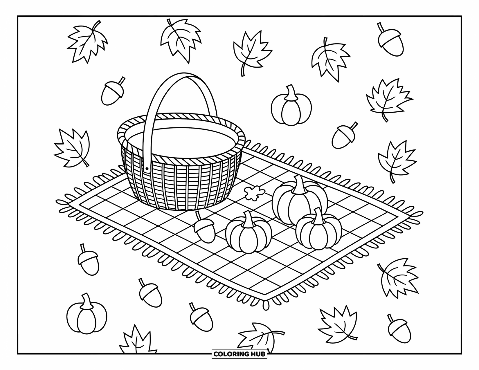 Desenho de outono para colorir para crianças: Uma cesta tecida e manta com bolotas, abóboras e folhas de outono divertidas