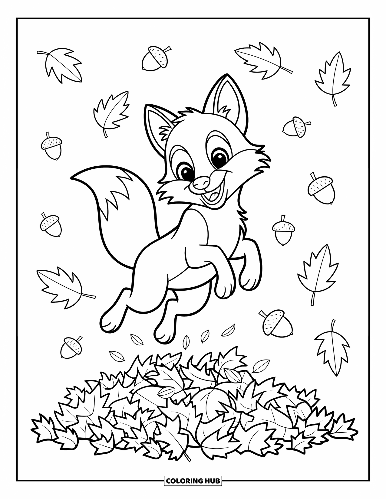 Desenho de outono para colorir para crianças: Uma coruja com asas abertas voando por uma árvore com galhos rodopiantes