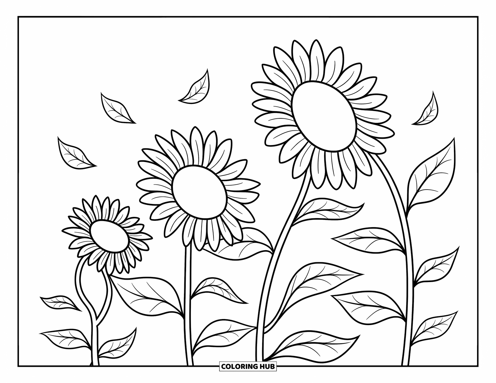 Desenho de outono para colorir para crianças: Girassóis curvados com folhas divertidas flutuando por perto