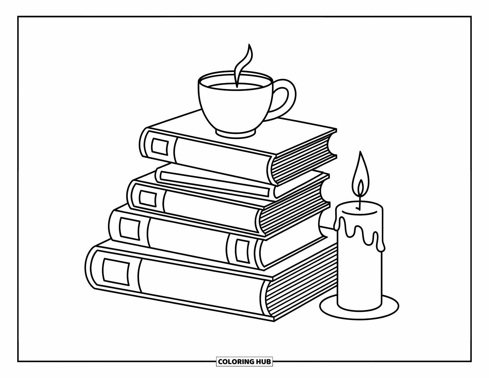 Desenho de outono para colorir para crianças: Livros empilhados ordenadamente com vapor subindo de uma bebida e uma vela bruxuleante por perto