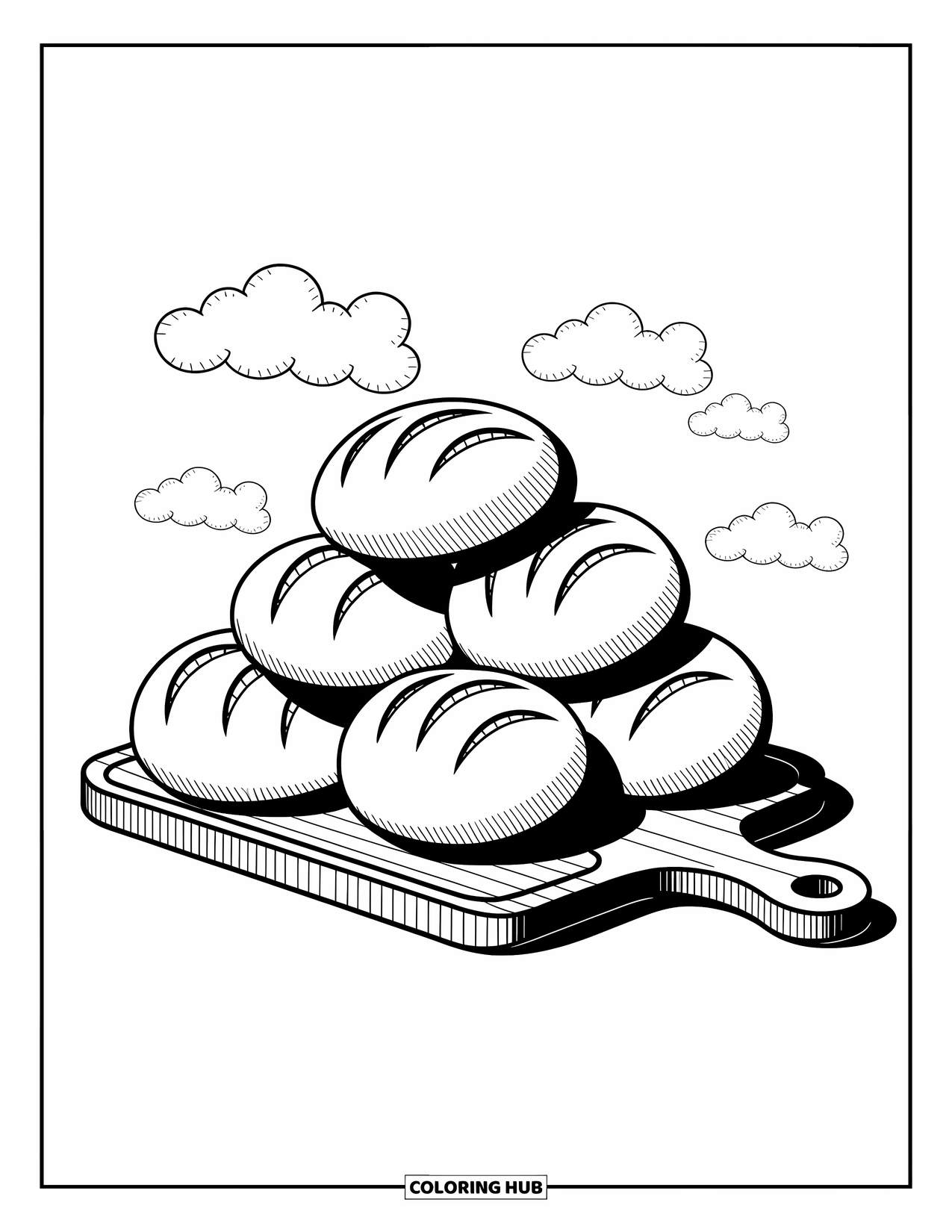 Desenho de outono para colorir para crianças: Pães fofinhos em uma tábua de madeira com padrões simples de grãos de madeira