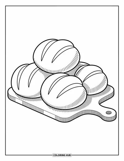Autumn Coloring Page for Kids: Fresh bread rolls sit on a rustic cutting board with soft, rounded shapes