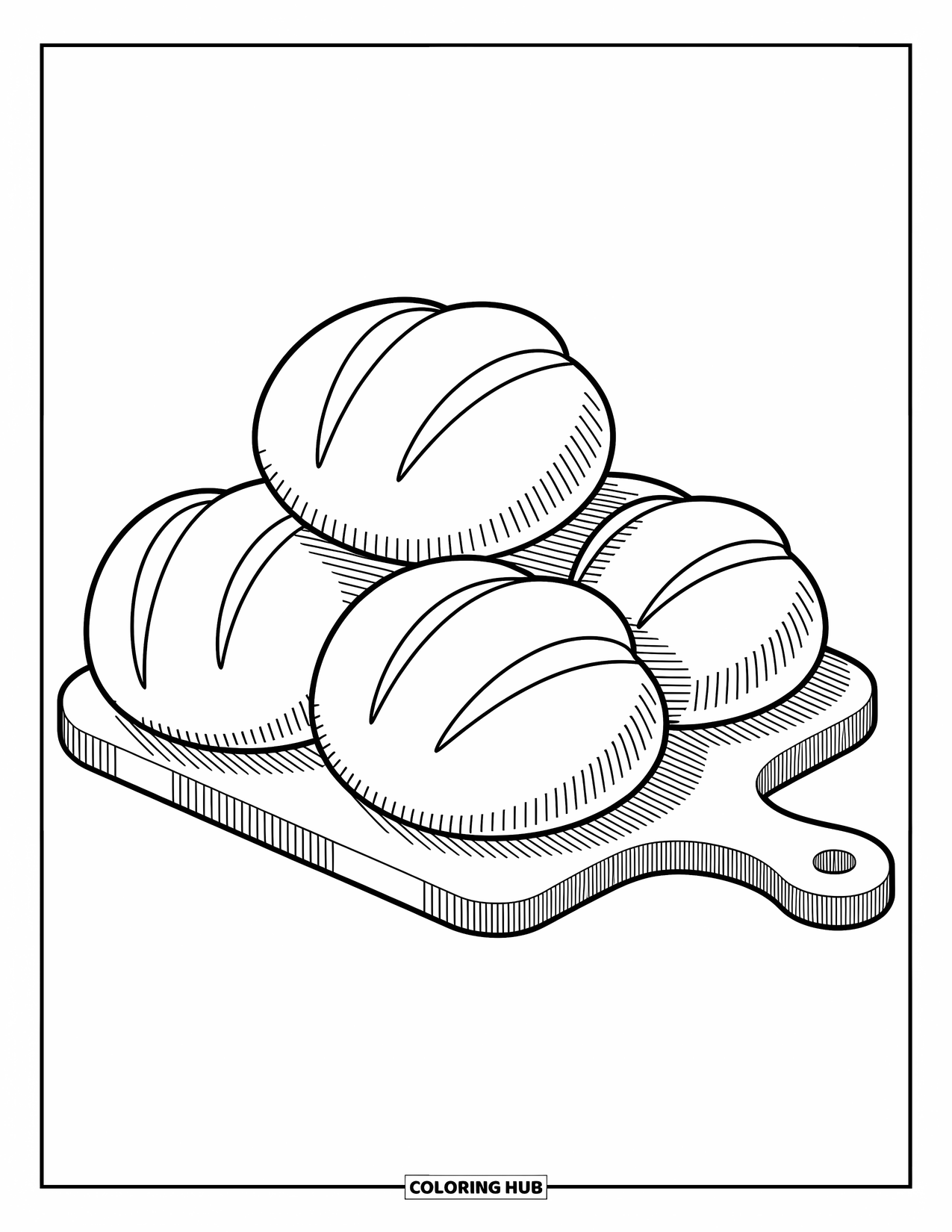 Desenho de outono para colorir para crianças: Pães frescos sentam-se em uma tábua de corte rústica com formas suaves e arredondadas