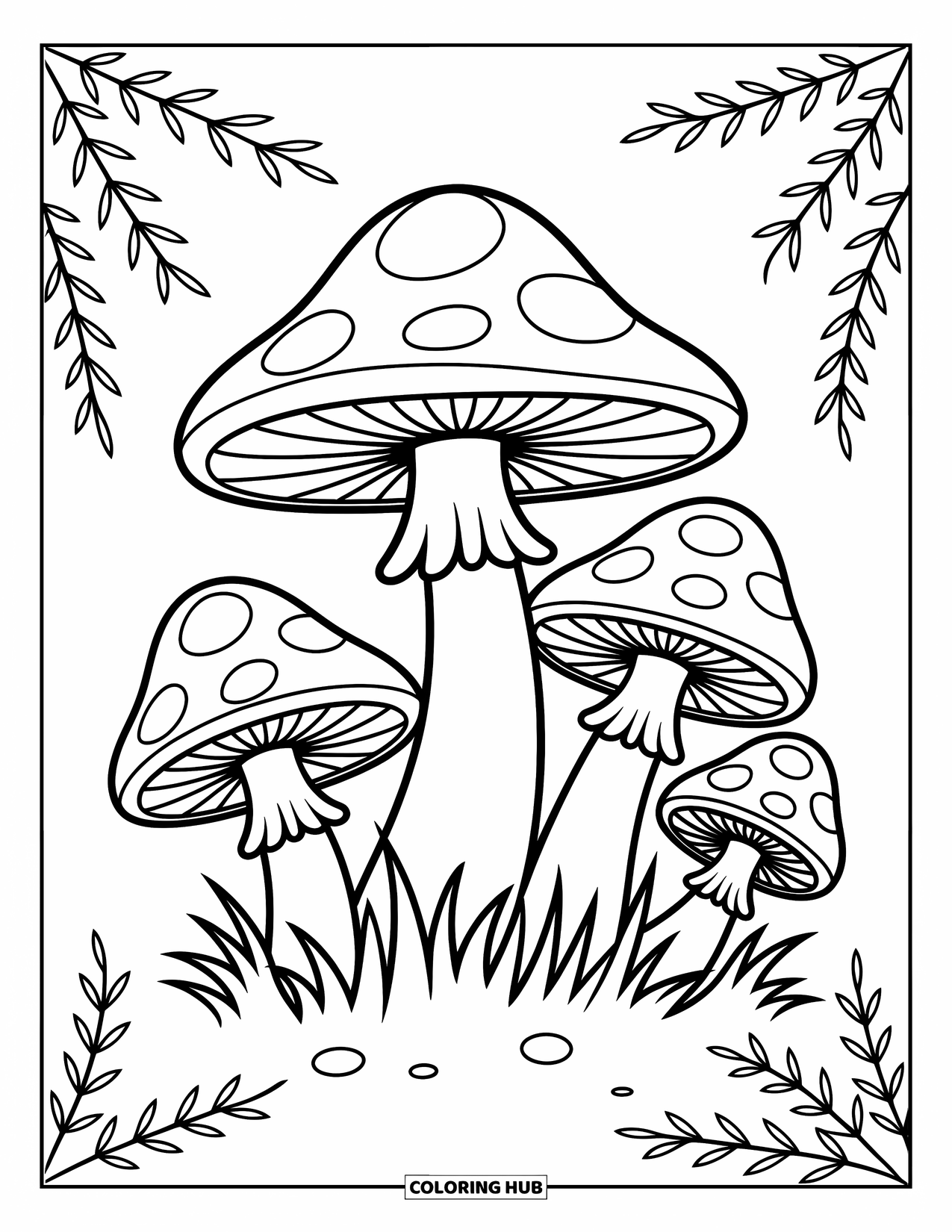 Desenho de outono para colorir para crianças: Cogumelos divertidos com bolinhas e espirais em um cenário de floresta