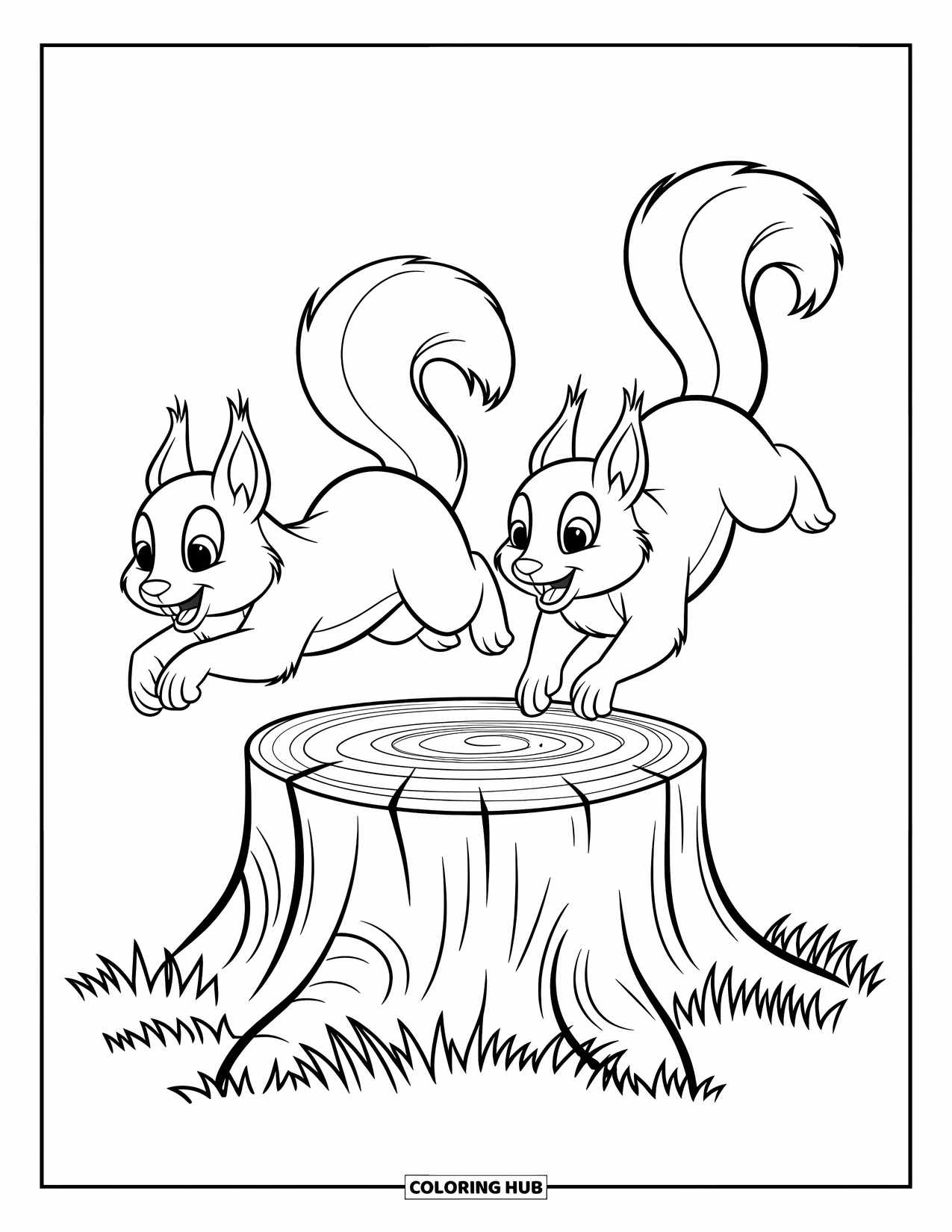 Desenho de outono para colorir para crianças: Dois esquilos correm brincando ao redor de um toco de árvore resistente
