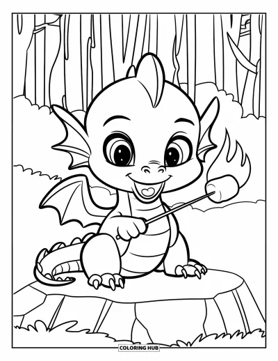 Babydrake målarbild för barn: Babydraken rostar glatt en marshmallow med sin lilla låga i skogen