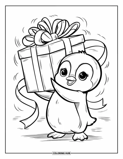 Baby-Pinguin-Ausmalbild für Erwachsene: Ein Baby-Pinguin balanciert ein riesiges Geschenk und steht mit fröhlichem Ausdruck im Schnee
