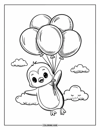 Baby-Pinguin-Ausmalbild für Erwachsene: Ein Baby-Pinguin treibt mit Ballons durch den Himmel, umgeben von weichen Wolken