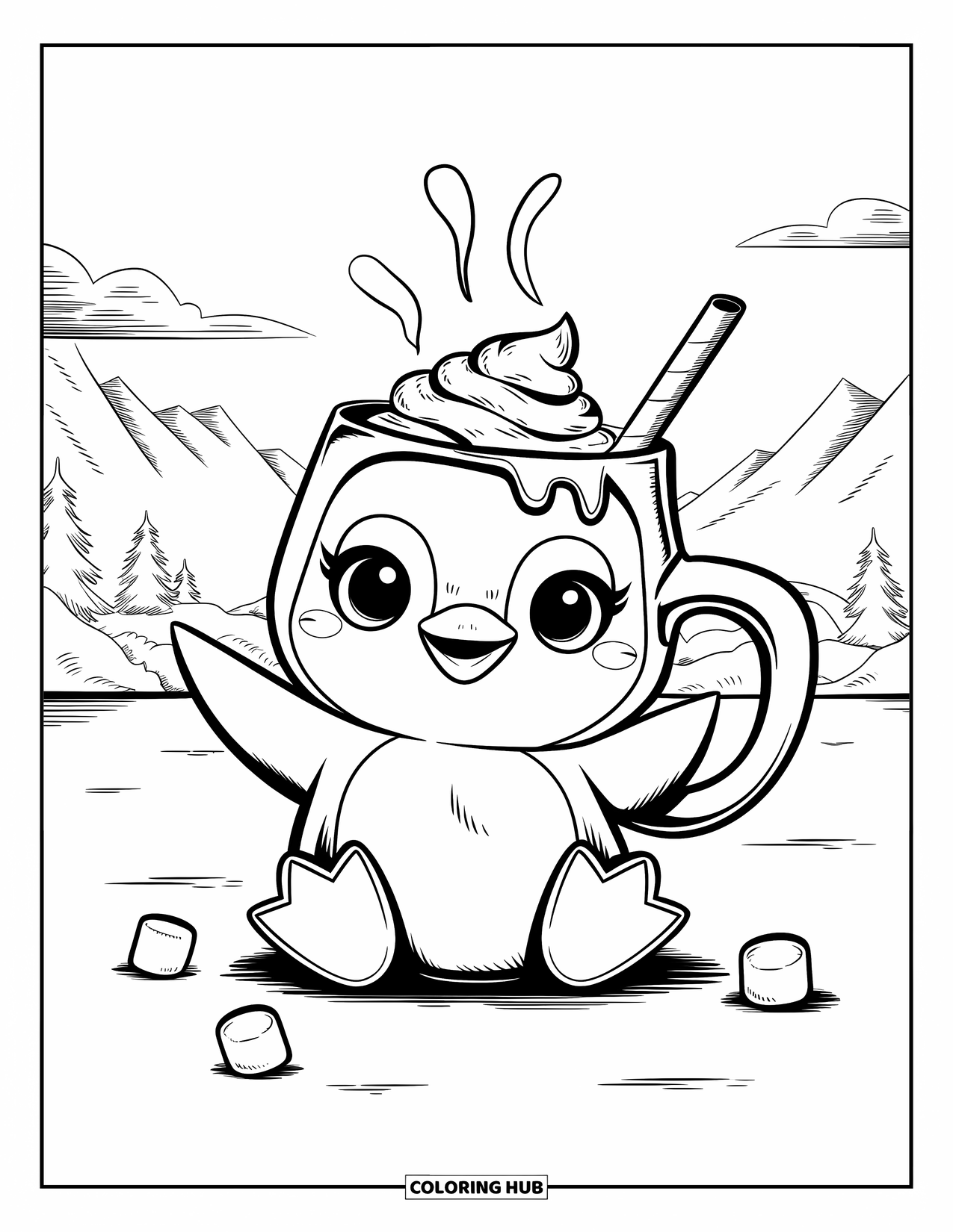 Baby Penguin Coloring Page for Adults: A baby penguin enjoying a steaming drink, snuggled up with a warm mug on snowy ground