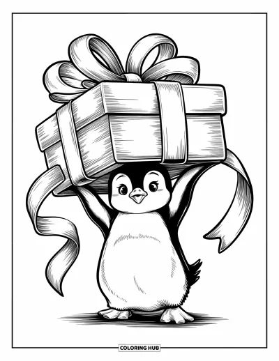 Baby-Pinguin-Ausmalbild für Erwachsene: Ein Baby-Pinguin hält ein großes eingepacktes Geschenk, seine kleinen Flossen greifen die große Schleife