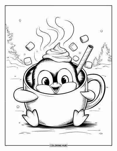Baby-Pinguin-Ausmalbild für Erwachsene: Ein Baby-Pinguin hält eine dampfende Tasse, umgeben von schwebenden Marshmallows in einer Schneelandschaft
