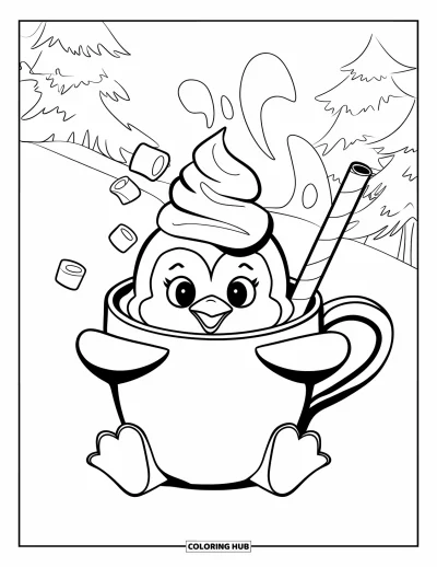 Baby-Pinguin-Ausmalbild für Erwachsene: Ein Baby-Pinguin umarmt eine warme Tasse mit Sahnehaube und sitzt in einer behaglichen Winterkulisse
