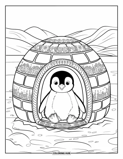 Baby-Pinguin-Ausmalbild für Erwachsene: Ein Baby-Pinguin sitzt in einem wunderschön gestalteten Iglu, dahinter erstreckt sich eine Schneelandschaft