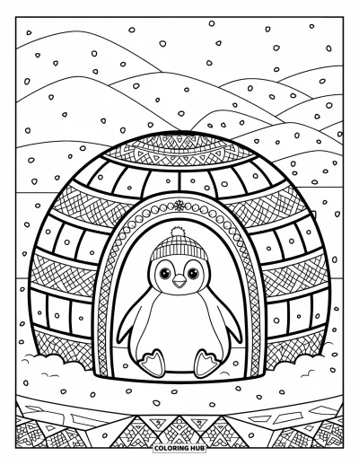 Baby-Pinguin-Ausmalbild für Erwachsene: Ein Baby-Pinguin sitzt in einem Iglu mit zarten Eismustern unter einem winterlichen Himmel
