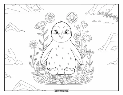Baby-Pinguin-Ausmalbild für Erwachsene: Ein Baby-Pinguin liegt zwischen arktischen Pflanzen und Blumen in einer ruhigen Schneelandschaft