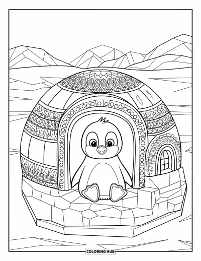 Baby-Pinguin-Ausmalbild für Erwachsene: Ein Baby-Pinguin ruht in einem kunstvoll gemusterten Iglu, mit Bergen und Bäumen im Hintergrund