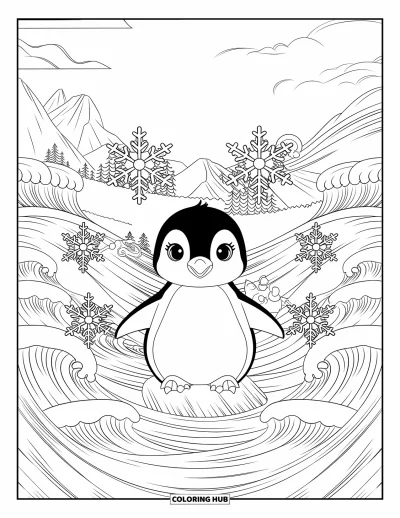 Baby-Pinguin-Ausmalbild für Erwachsene: Ein Baby-Pinguin ruht auf einem Felsen, umgeben von wirbelnden Schneeflocken und sanften Meereswellen