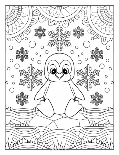 Baby-Pinguin-Ausmalbild für Erwachsene: Ein Baby-Pinguin sitzt auf einem Felsen, eingerahmt von eleganten Schneeflocken und rollenden Musterwellen