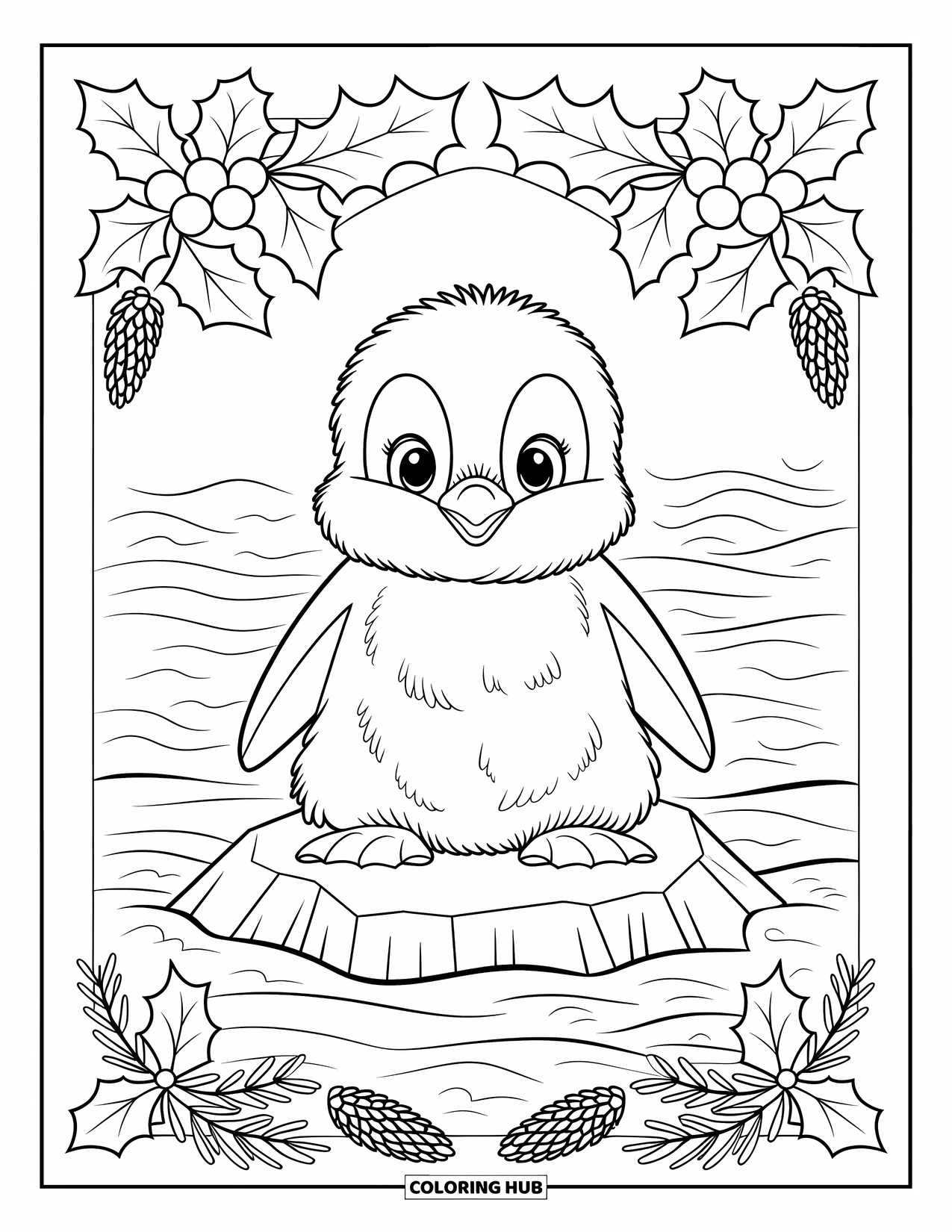 Baby Penguin Coloring Page for Adults: A baby penguin sitting on a rock in the sea, surrounded by pinecones and holly leaves
