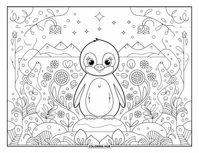 Baby-Pinguin-Ausmalbild für Erwachsene: Ein Baby-Pinguin sitzt auf einem Felsen, umgeben von arktischen Blumen und fernen schneebedeckten Bergen