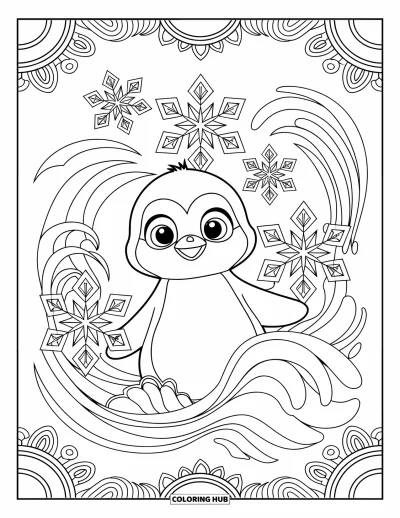 Baby-Pinguin-Ausmalbild für Erwachsene: Ein Baby-Pinguin ist von dekorativen Schneeflocken und wirbelnden Wellen in einem meditativen Design umgeben