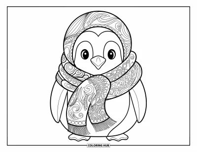 Baby-Pinguin-Ausmalbild für Erwachsene: Ein Baby-Pinguin trägt einen kunstvoll gestalteten Schal, umgeben von eleganten Wirbelmustern