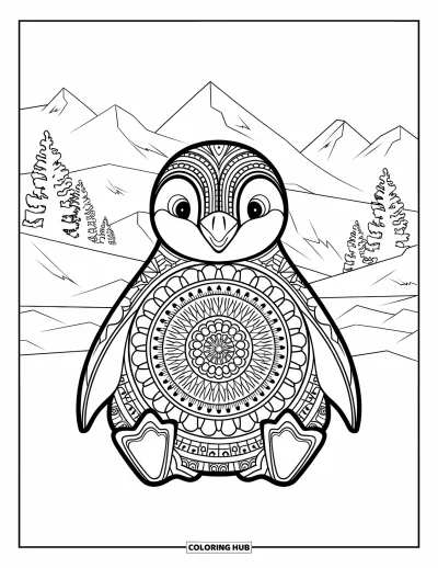 Baby-Pinguin-Ausmalbild für Erwachsene: Ein Baby-Pinguin mit detailliertem Mandala-Muster sitzt auf verschneitem Boden mit Blick auf Berge