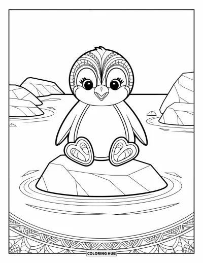 Baby-Pinguin-Ausmalbild für Erwachsene: Ein Baby-Pinguin mit kunstvollen Mandala-Details ruht auf einem Felsen an einem ruhigen, friedlichen See