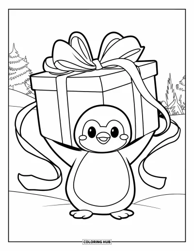 Baby-Pinguin-Ausmalbild für Erwachsene: Ein Baby-Pinguin taumelt unter einer riesigen Geschenkbox und schaut unter dem Band hervor