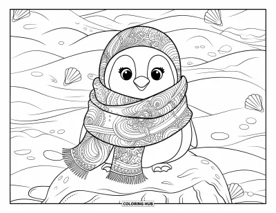 Baby-Pinguin-Ausmalbild für Erwachsene: Ein Baby-Pinguin mit wunderschön gemustertem Schal sitzt auf einem Felsen im Ozean