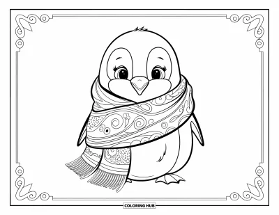 Baby-Pinguin-Ausmalbild für Erwachsene: Ein Baby-Pinguin mit dekorativem Schal steht vor einem schlichten und klaren Hintergrund