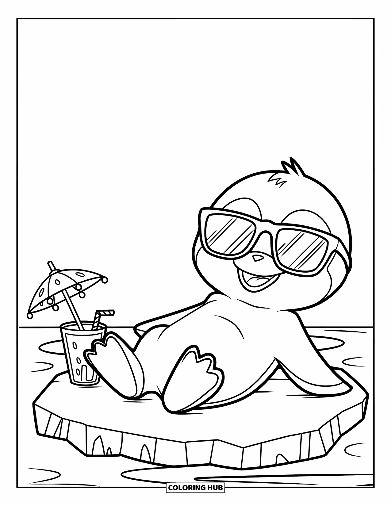 Baby Penguin Coloring Page for Kids: A baby penguin chilling on ice, wearing sunglasses with a refreshing drink nearby