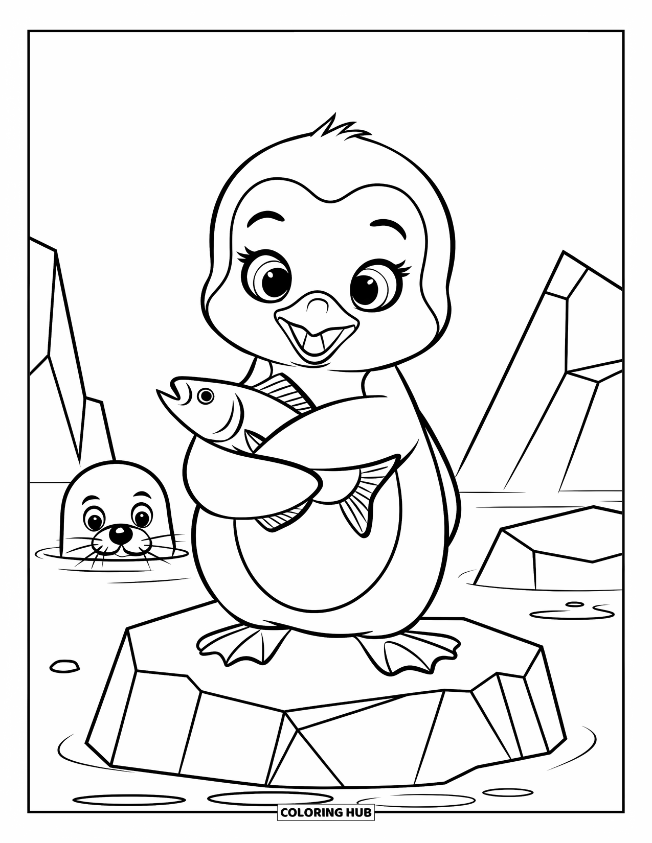 Baby Penguin Coloring Page for Kids: A baby penguin clutching a fish, standing on ice as a seal pops up from the water