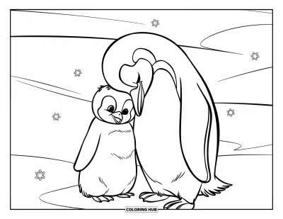 Baby-Pinguin-Ausmalbild für Kinder: Ein Baby-Pinguin kuschelt mit seinem Elternteil auf einem verschneiten Feld, während kleine Flocken fallen